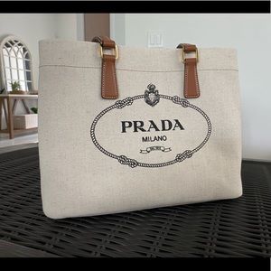 Prada Linen Blend and Leather Tote Bag